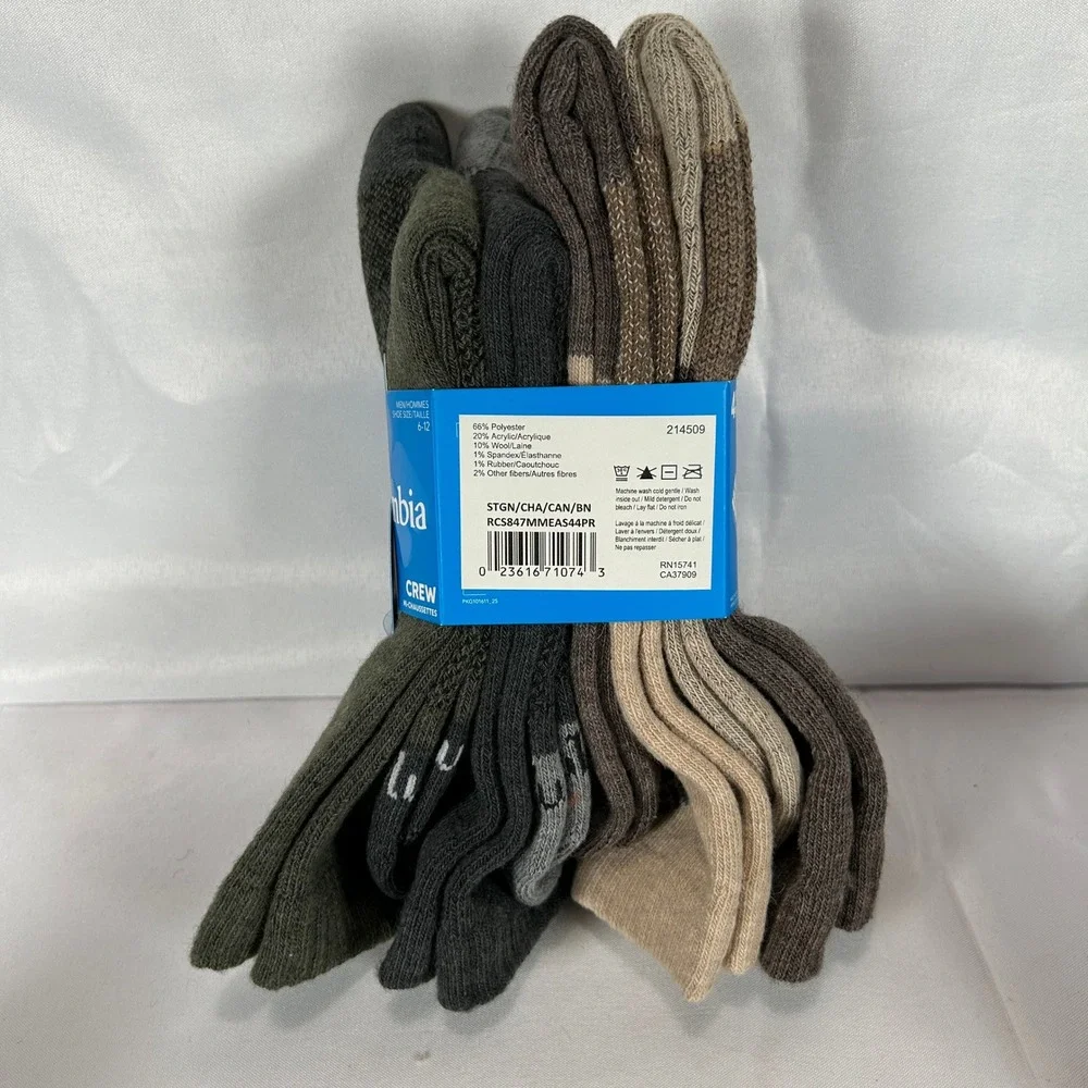 Columbia Mens Wool Blend Crew Sock 4 Pairs Earth Tone Shoe Size 6-12 RCS847MMEAS